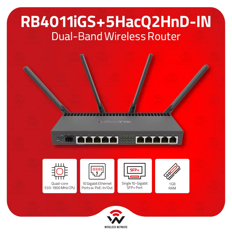 روتربرد میکروتیک RB4011iGS+5HacQ2HnD-IN با وای‌فای دوبانده و ۱۰ پورت گیگابیت