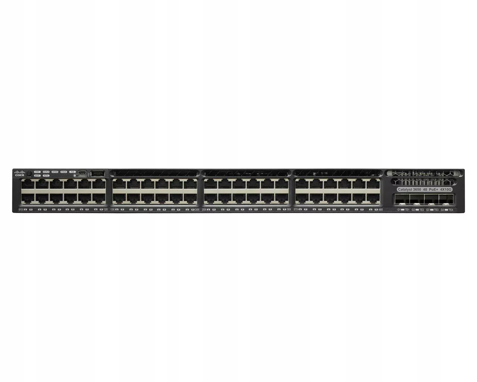سوییچ لایه ۳ سیسکو WS-C3650-48FQ-S با ۴۸ پورت گیگابیت PoE+ و ۴ پورت ۱۰ گیگ SFP+ - نمای جلو